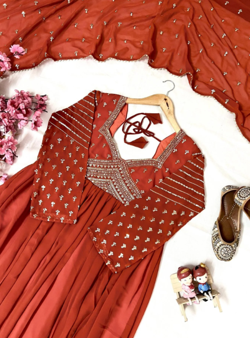 Tangerine Glow Georgette Anarkali Gown with Zari and Sequins