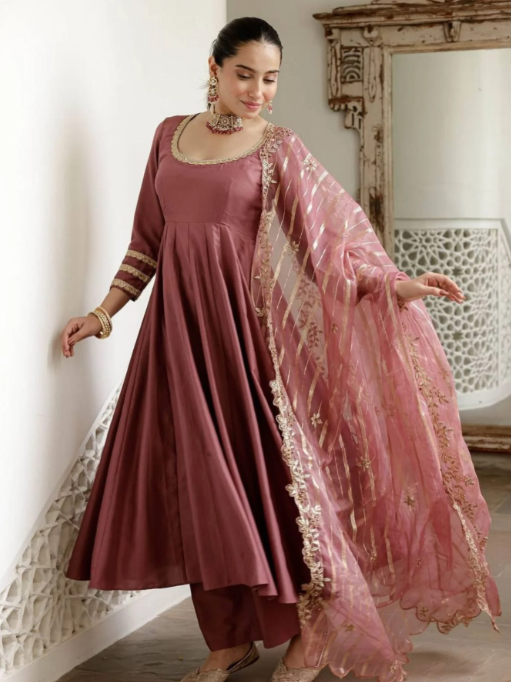 Roman Silk Anarkali Palazzo Suit with Banarasi Dupatta