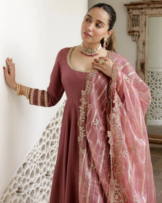 Roman Silk Anarkali Palazzo Suit with Banarasi Dupatta