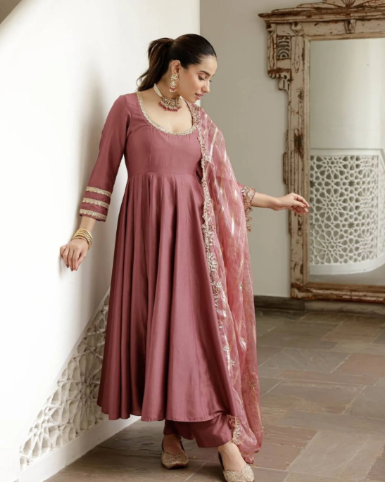 Roman Silk Anarkali Palazzo Suit with Banarasi Dupatta