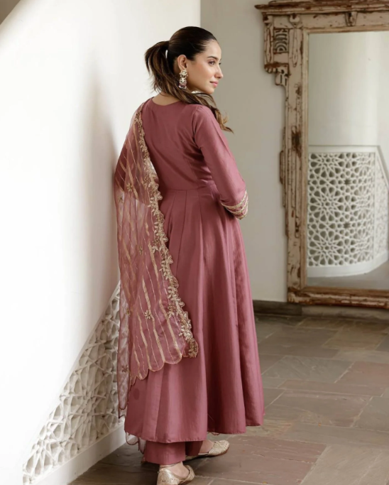 Roman Silk Anarkali Palazzo Suit with Banarasi Dupatta