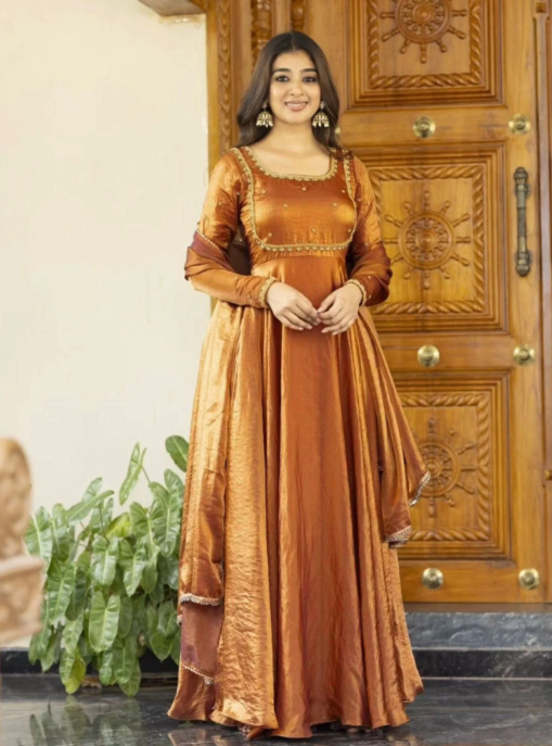 Designer Fendi Silk Anarkali with Dupatta Set – Thread & Sequin Work
