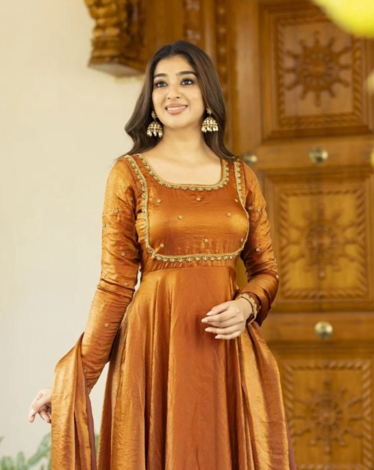 Designer Fendi Silk Anarkali with Dupatta Set – Thread & Sequin Work