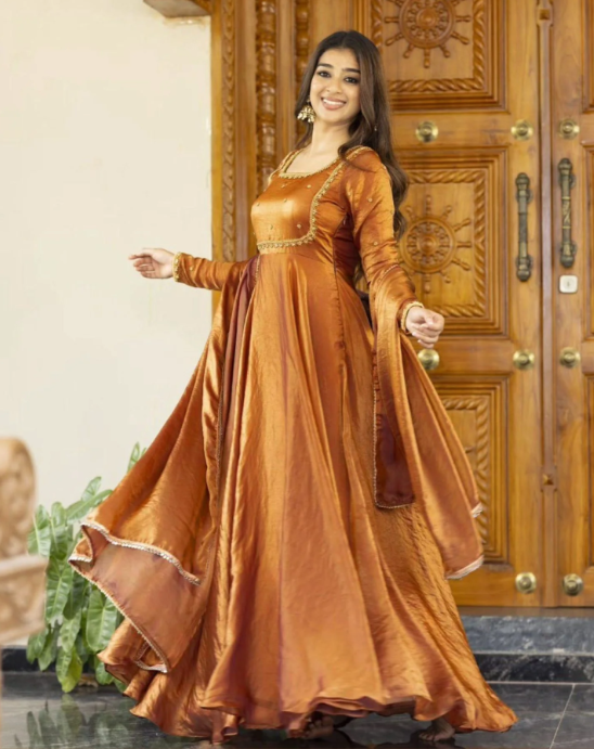 Designer Fendi Silk Anarkali with Dupatta Set – Thread & Sequin Work