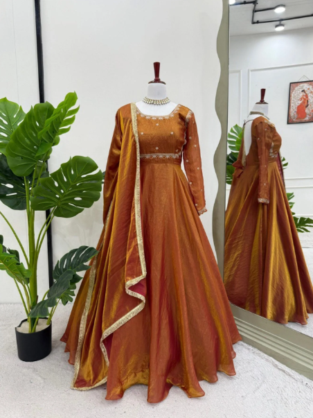 Designer Fendi Silk Anarkali with Dupatta Set – Thread & Sequin Work