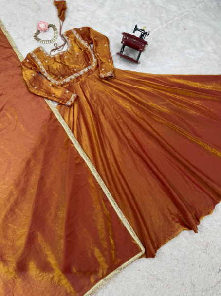 Designer Fendi Silk Anarkali with Dupatta Set – Thread & Sequin Work