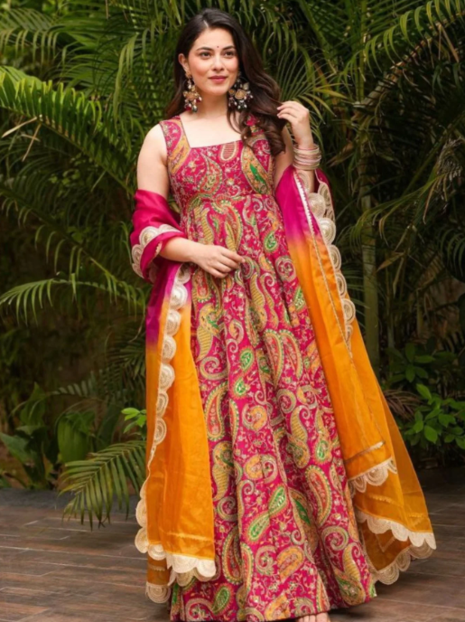 Pink Organza Silk Anarkali Gown Set with Kery Print