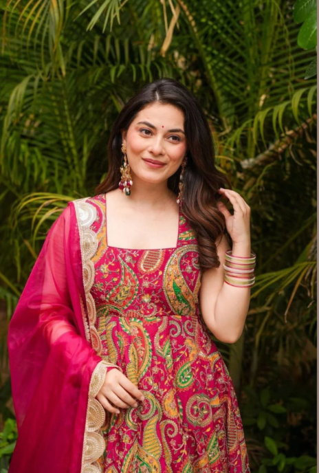 Pink Organza Silk Anarkali Gown Set with Kery Print