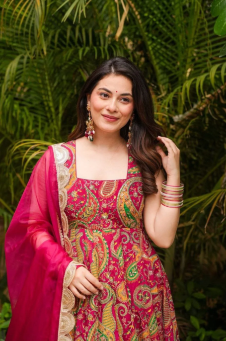 Pink Organza Silk Anarkali Gown Set with Kery Print