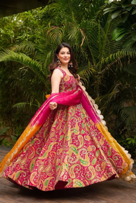 Pink Organza Silk Anarkali Gown Set with Kery Print