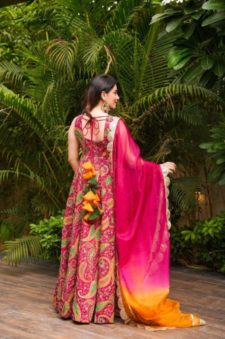 Pink Organza Silk Anarkali Gown Set with Kery Print