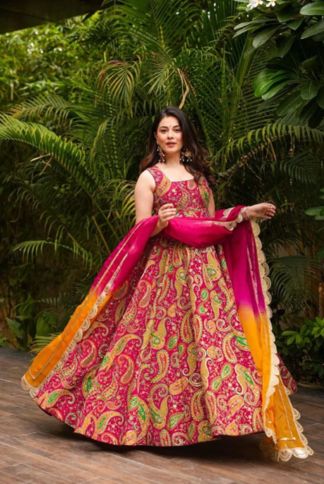 Pink Organza Silk Anarkali Gown Set with Kery Print