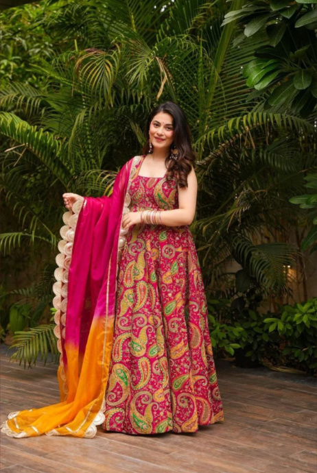Pink Organza Silk Anarkali Gown Set with Kery Print
