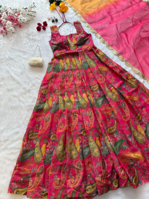 Pink Organza Silk Anarkali Gown Set with Kery Print