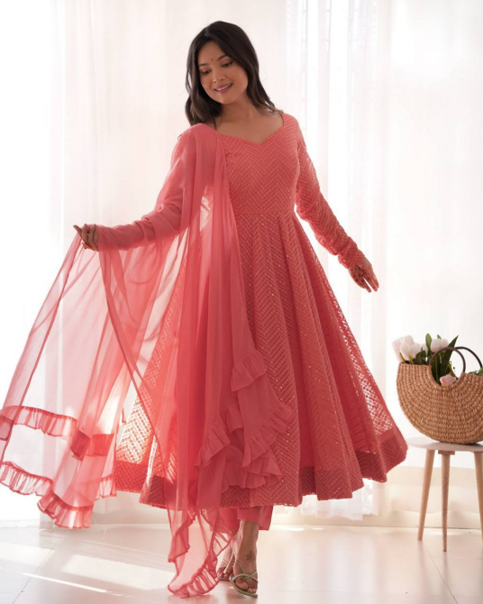 Heavy Faux Georgette Lucknowi Anarkali Dupatta Gown Set