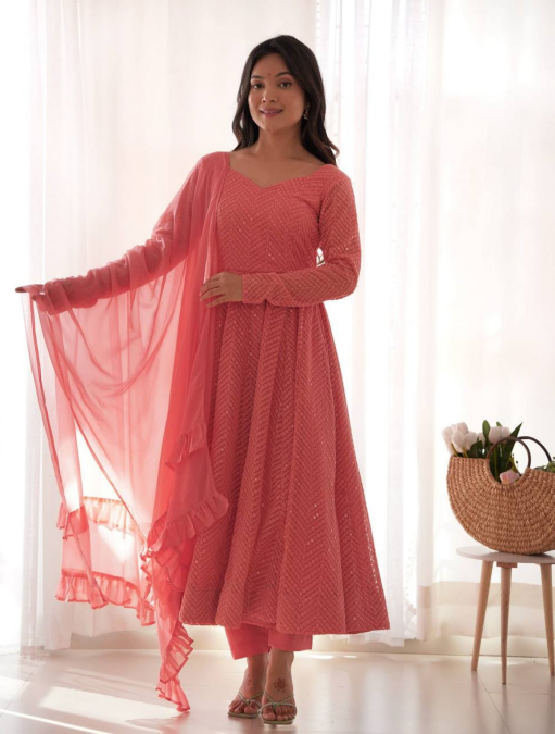 Heavy Faux Georgette Lucknowi Anarkali Dupatta Gown Set