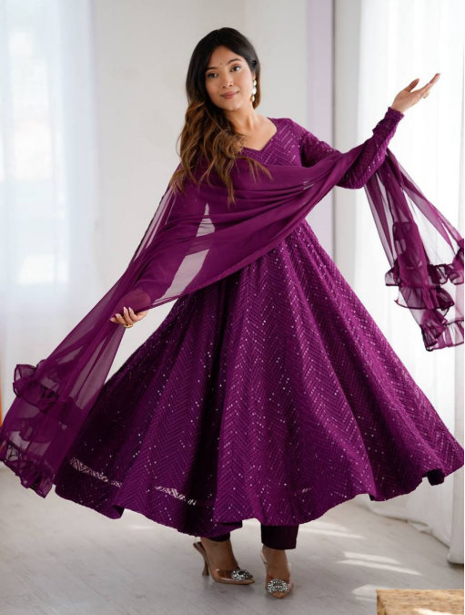 Heavy Faux Georgette Lucknowi Anarkali Dupatta Gown Set