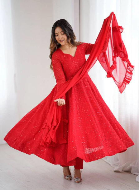 Heavy Faux Georgette Lucknowi Anarkali Dupatta Gown Set