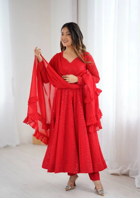 Heavy Faux Georgette Lucknowi Anarkali Dupatta Gown Set