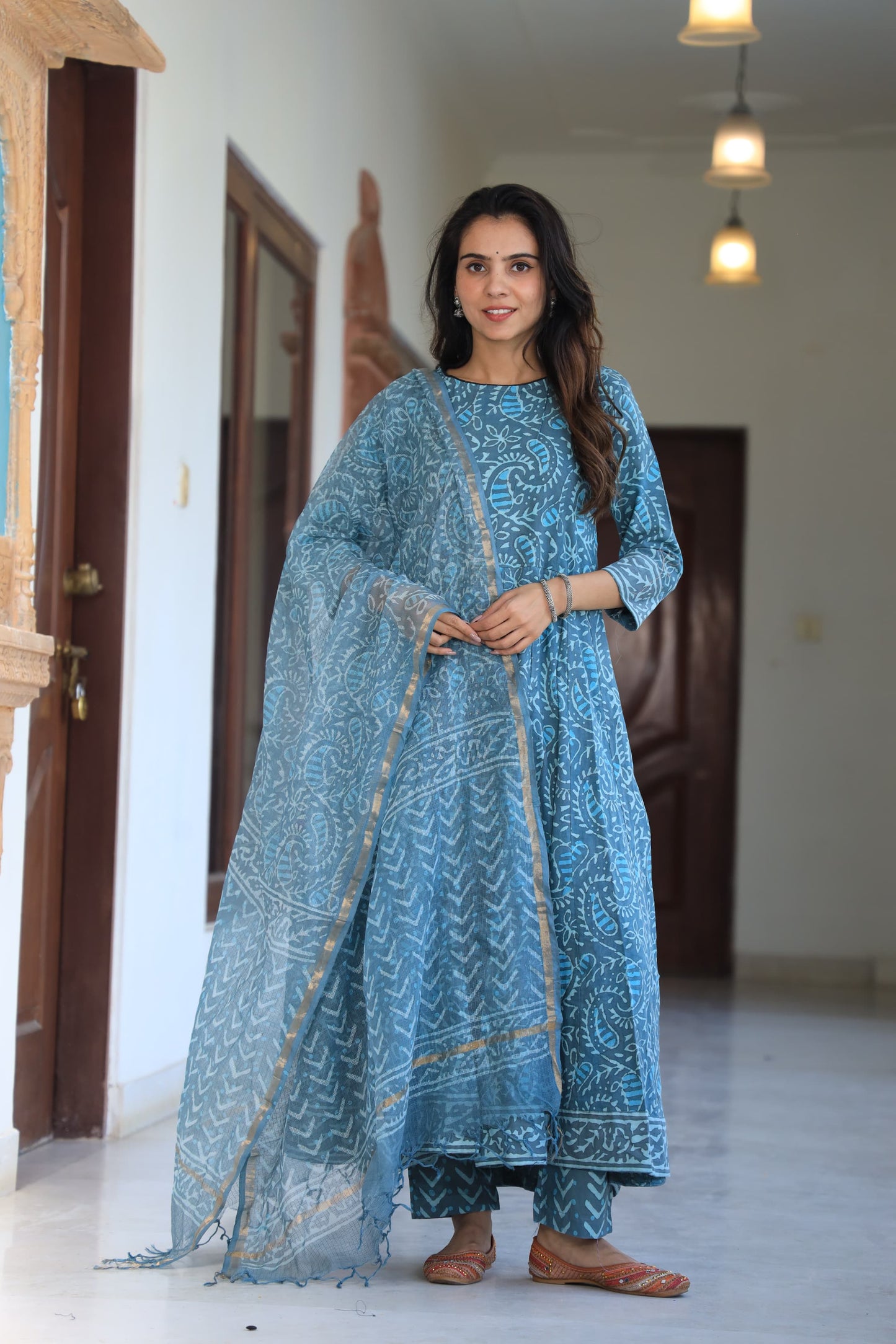 Blue Bagru Anarkali With Kota Doriya Duptta