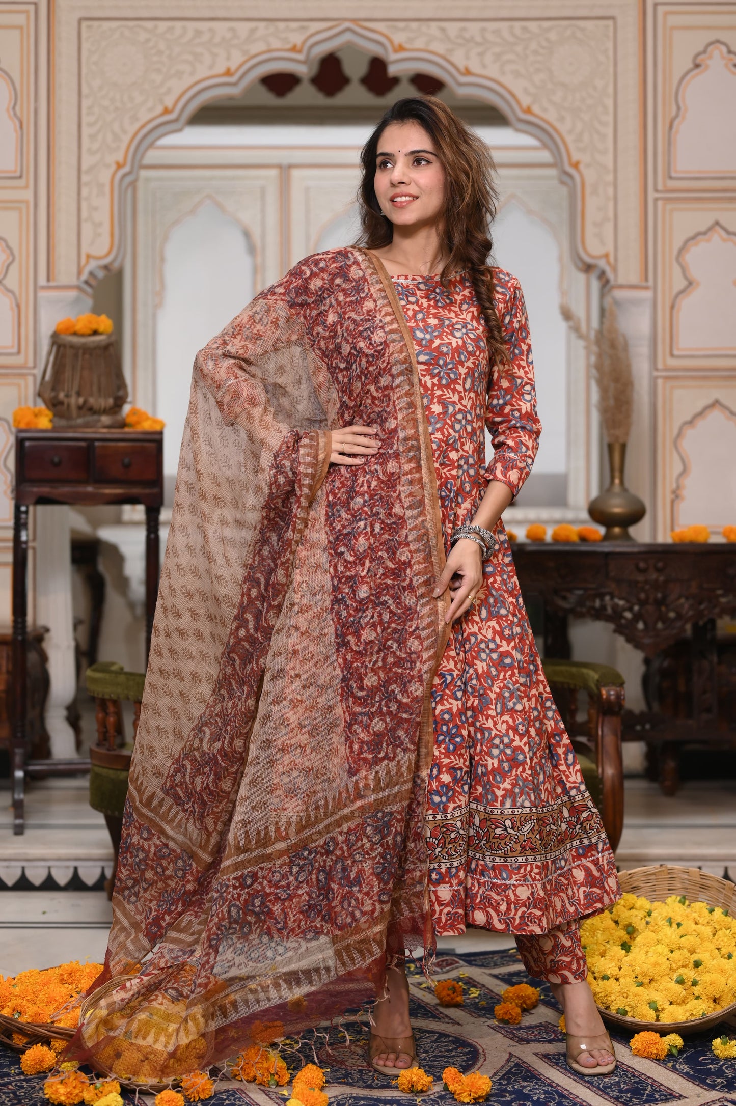 Rust Orange and Blue Bagru Anarkali Set With Kota Doriya Duptta