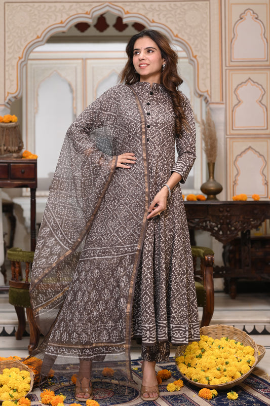 Grey Bandhej Anarkali With Kota Doriya Duptta