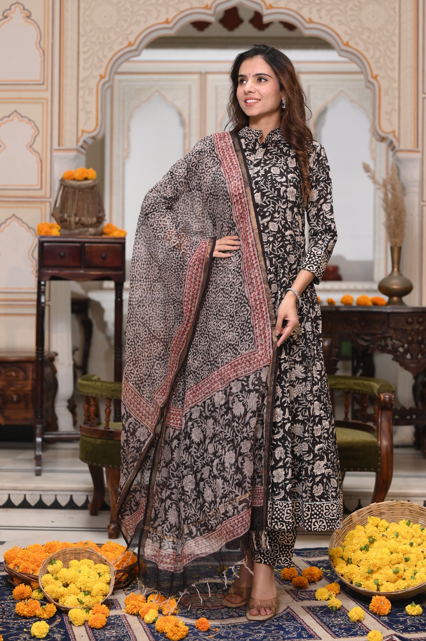 Black and Red Bagru Anarkali With Black and Red Kota Doriya Duptta