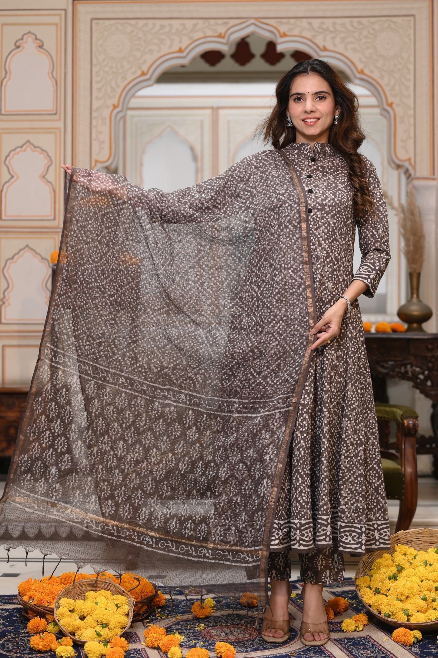 Grey Bandhej Anarkali With Kota Doriya Duptta