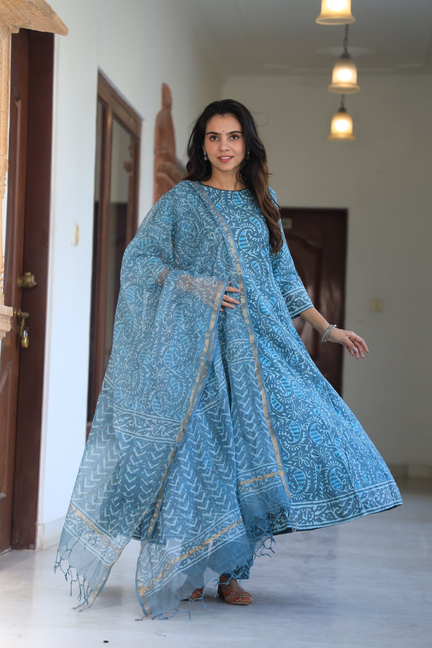Blue Bagru Anarkali With Kota Doriya Duptta