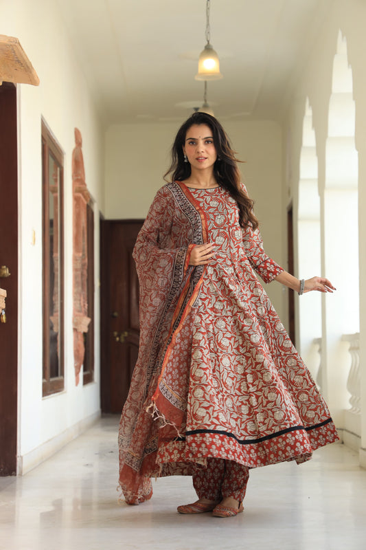 Orange Bagru Anarkali With Kota Doriya Duptta