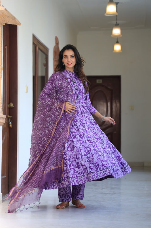 Purple Bagru Anarkali With Kota Doriya Duptta