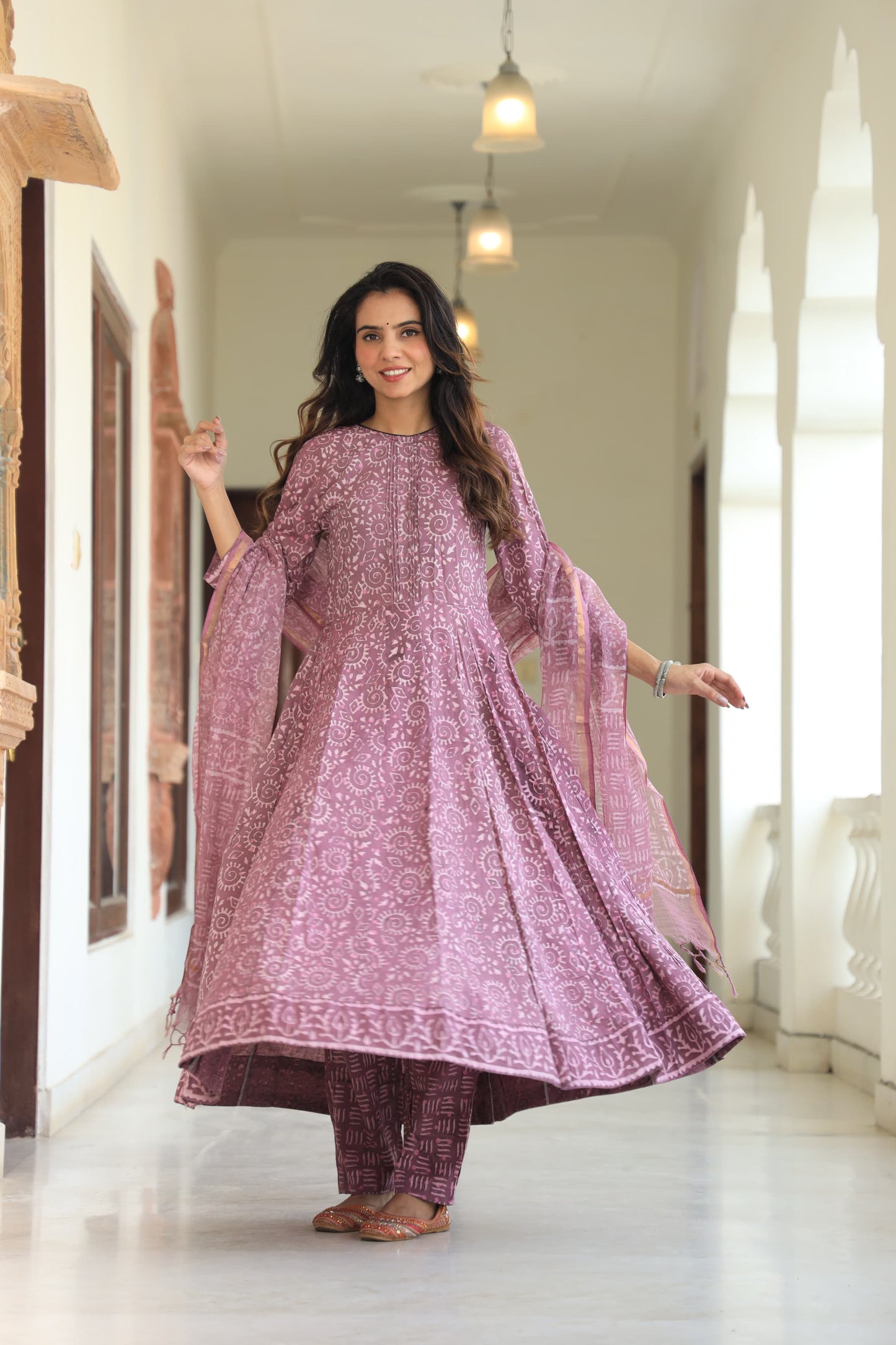 Mauve Bagru Anarkali With Kota Doriya Duptta