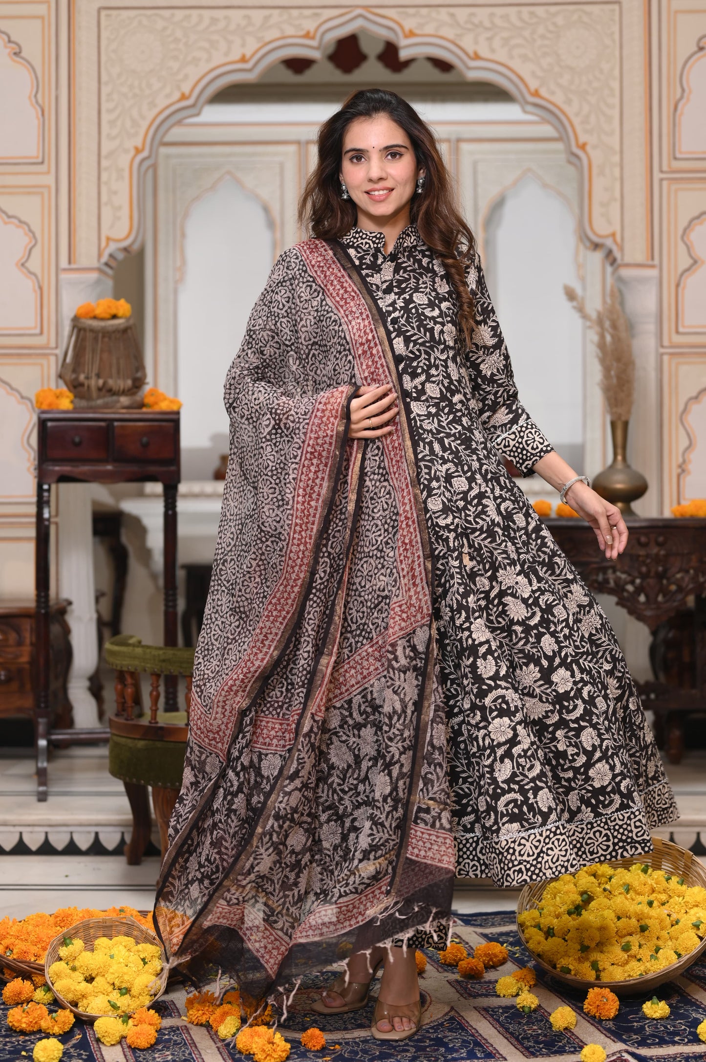 Black and Red Bagru Anarkali With Black and Red Kota Doriya Duptta