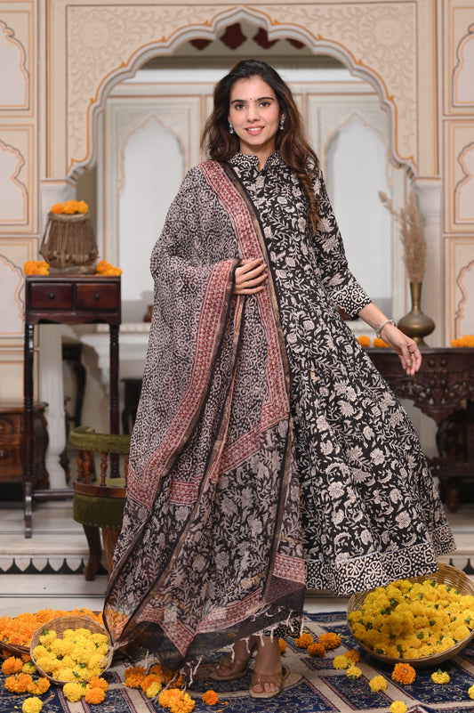 Black and Red Bagru Anarkali With Black and Red Kota Doriya Duptta