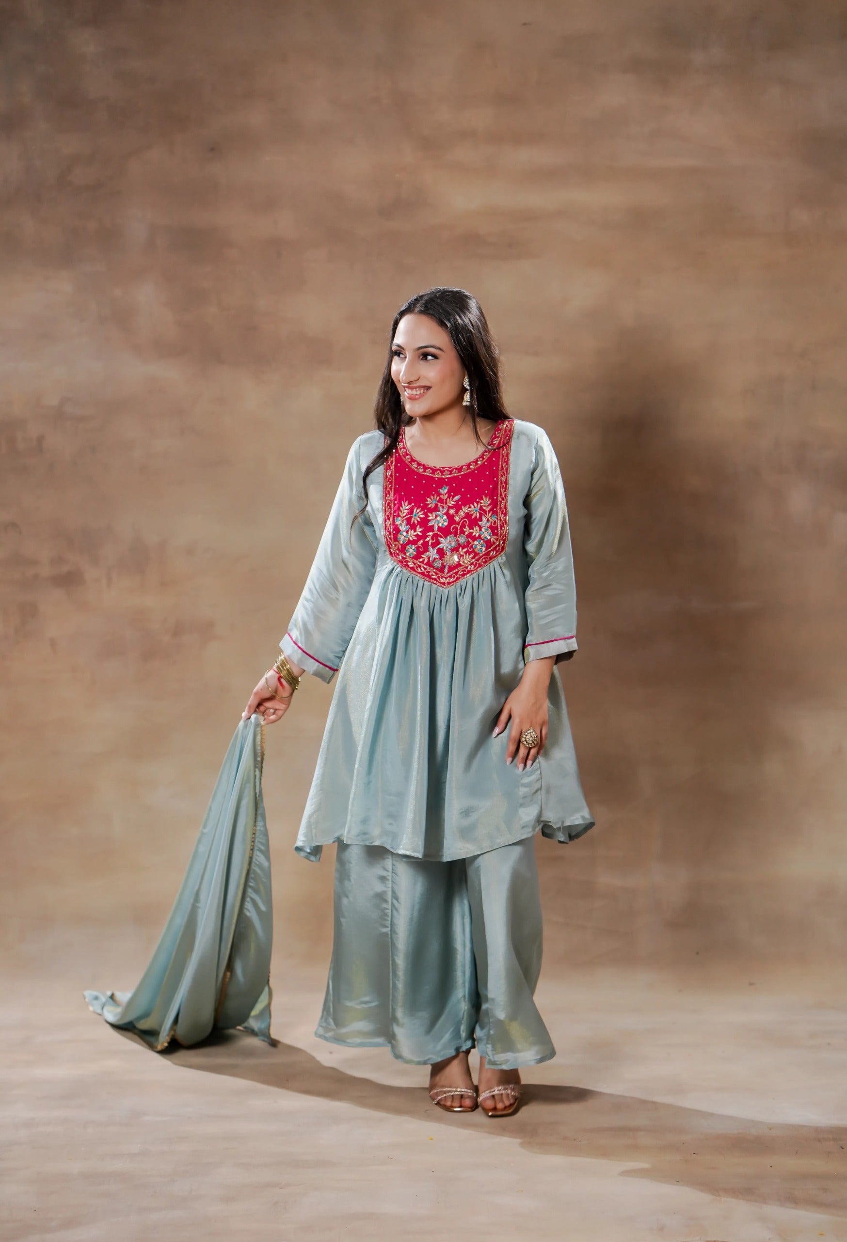 Blue Pink Silk Anarkali