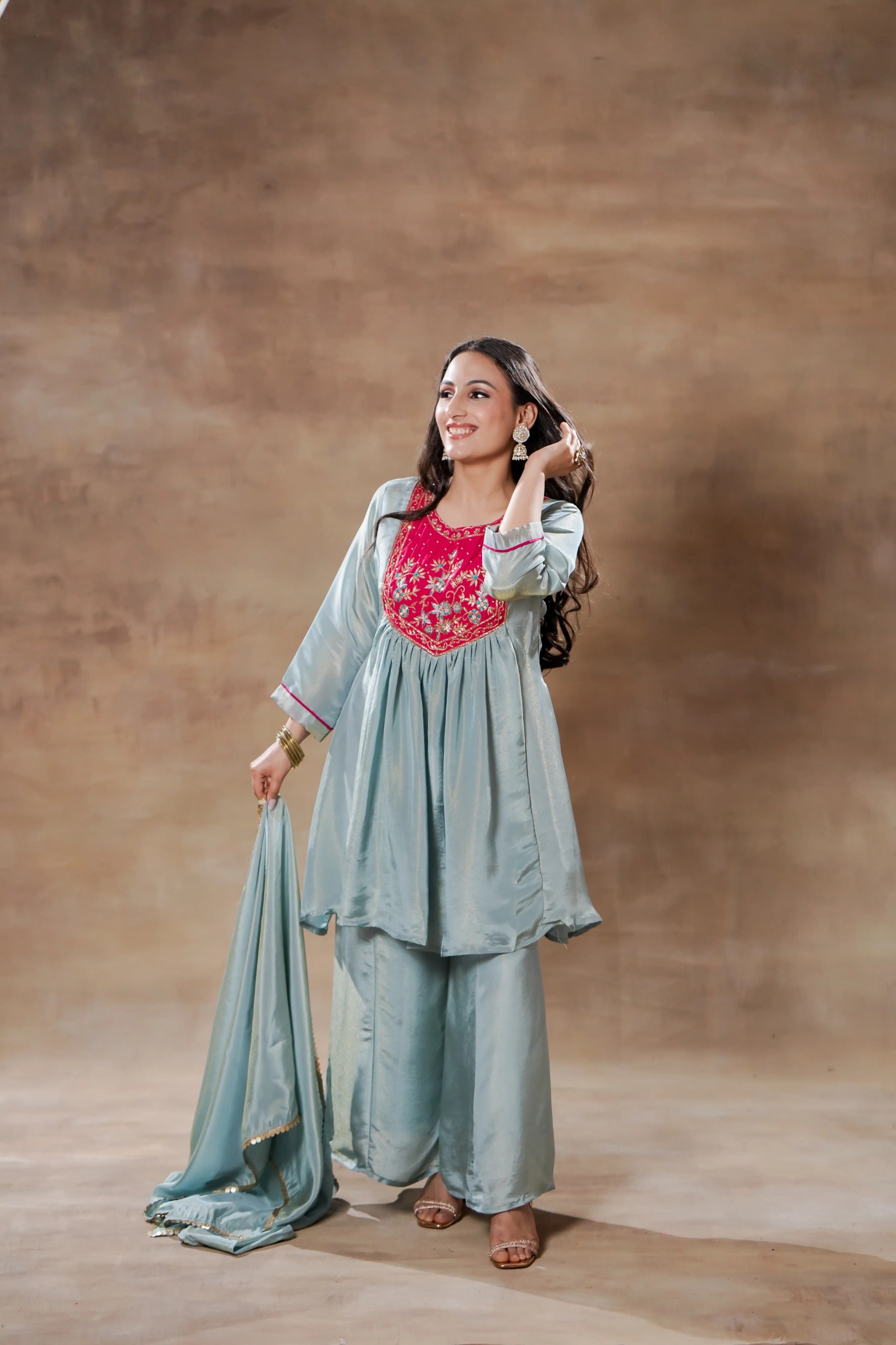 Blue Pink Silk Anarkali