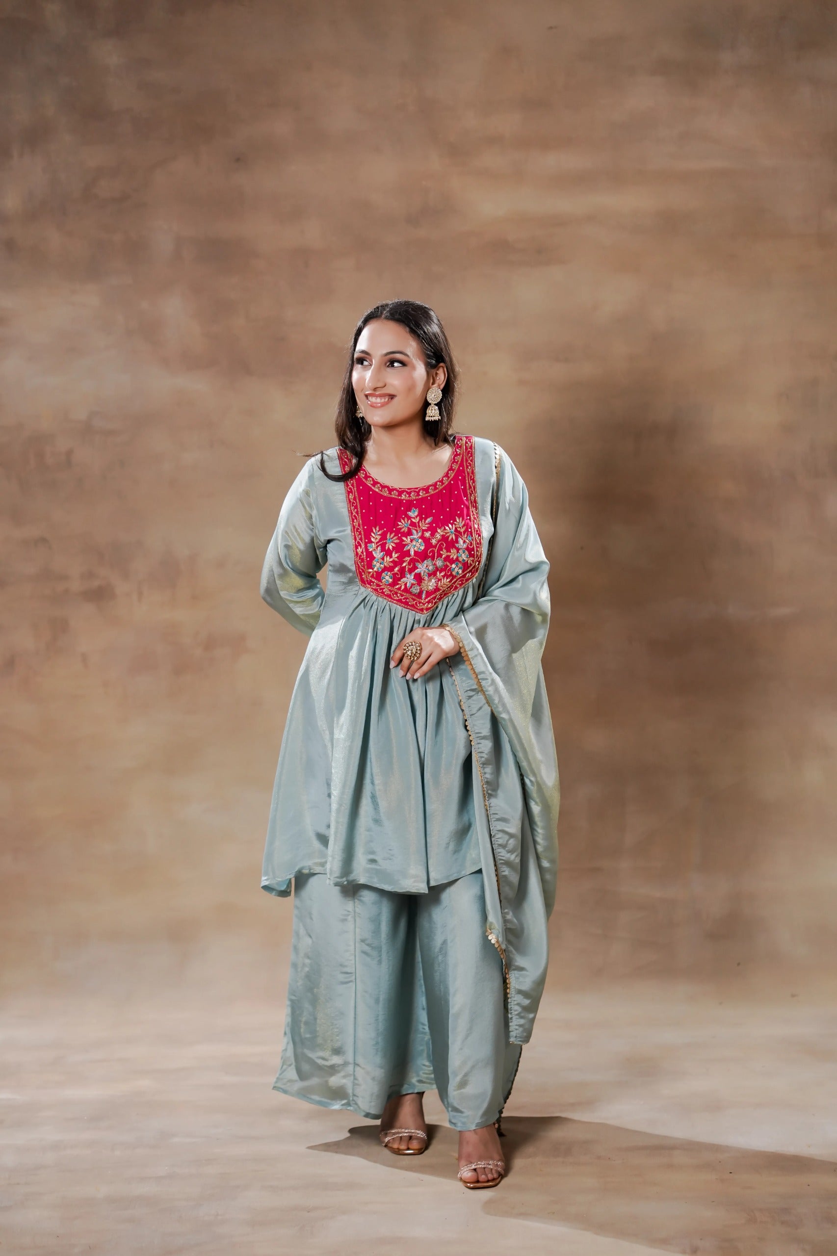 Blue Pink Silk Anarkali