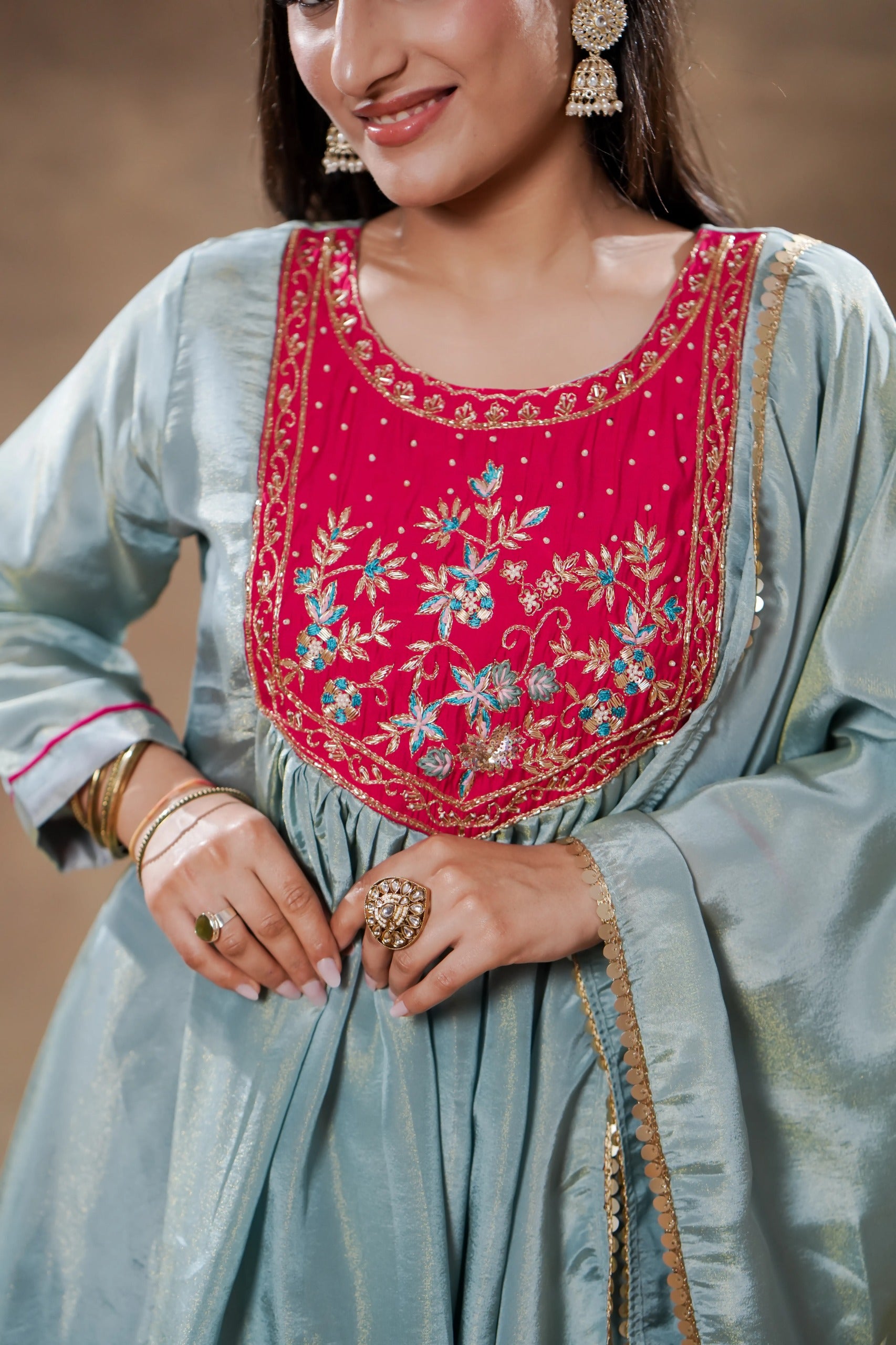 Blue Pink Silk Anarkali