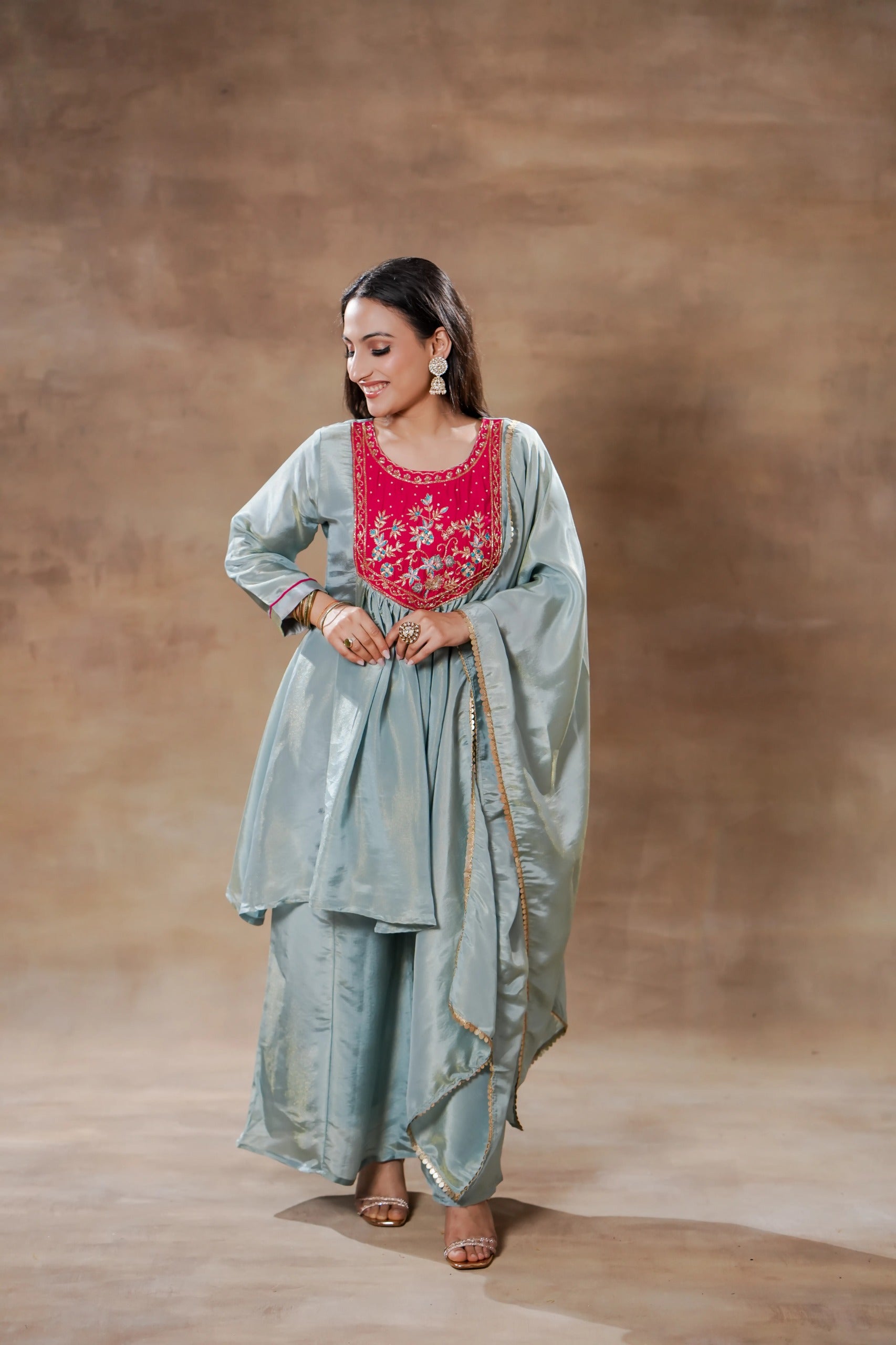 Blue Pink Silk Anarkali