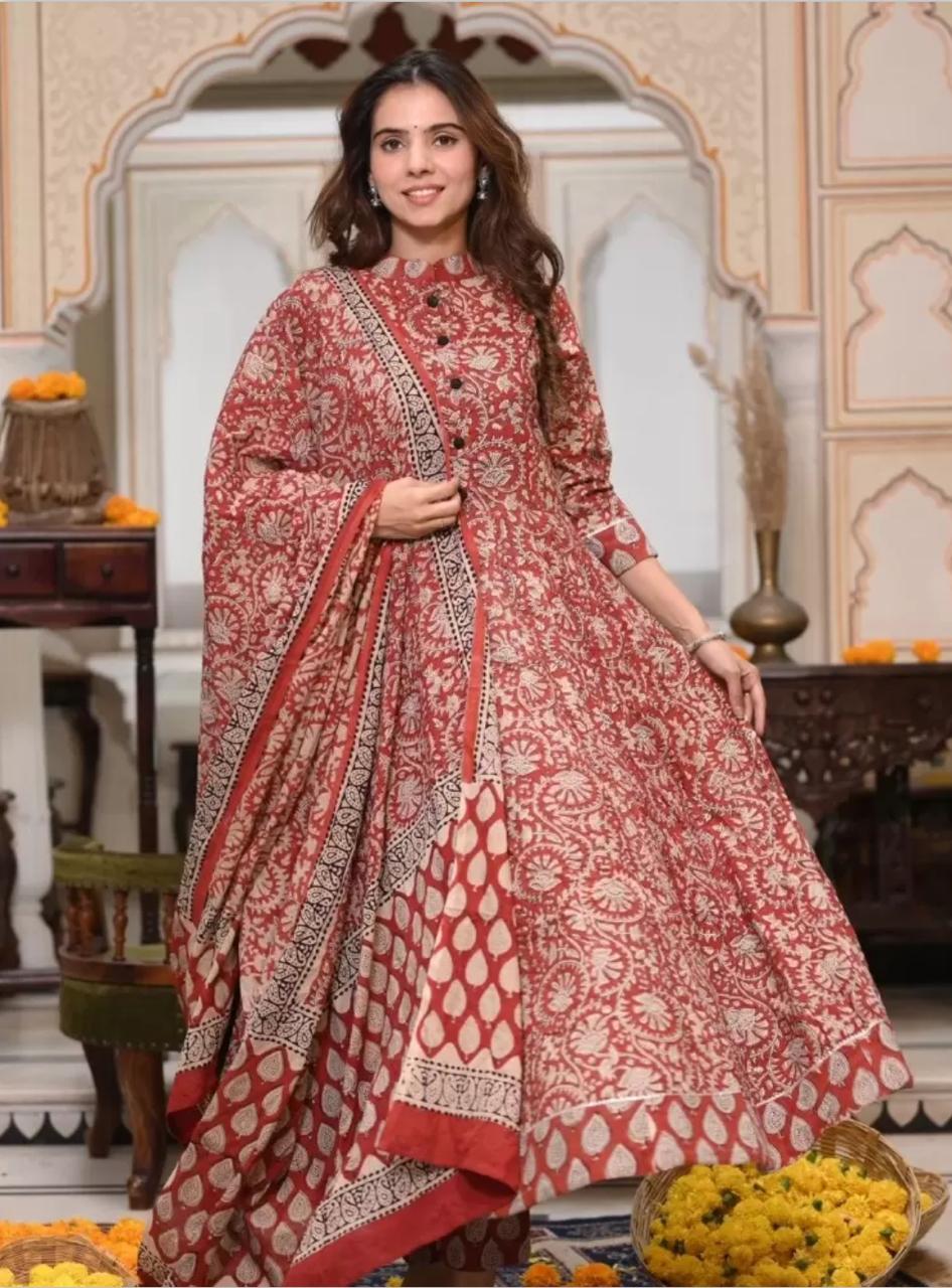 Red Bagru Anarkali With Kota Doriya Duptta