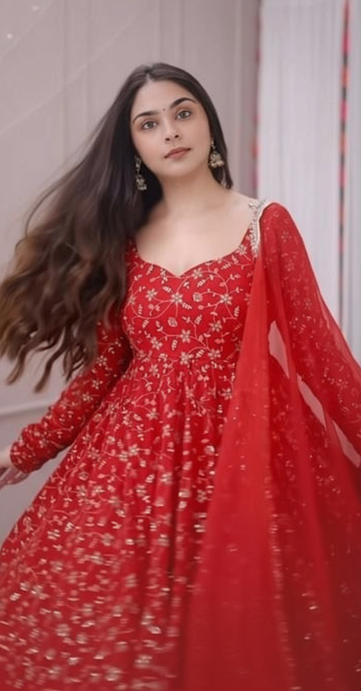 Red Blooming Georgette Anarkali Gown with Heavy Embroidery