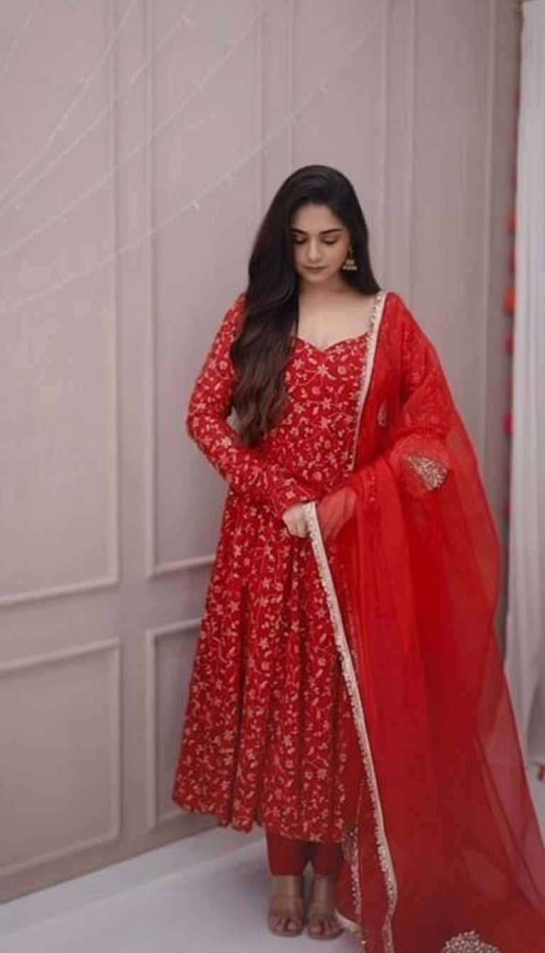 Red Blooming Georgette Anarkali Gown with Heavy Embroidery
