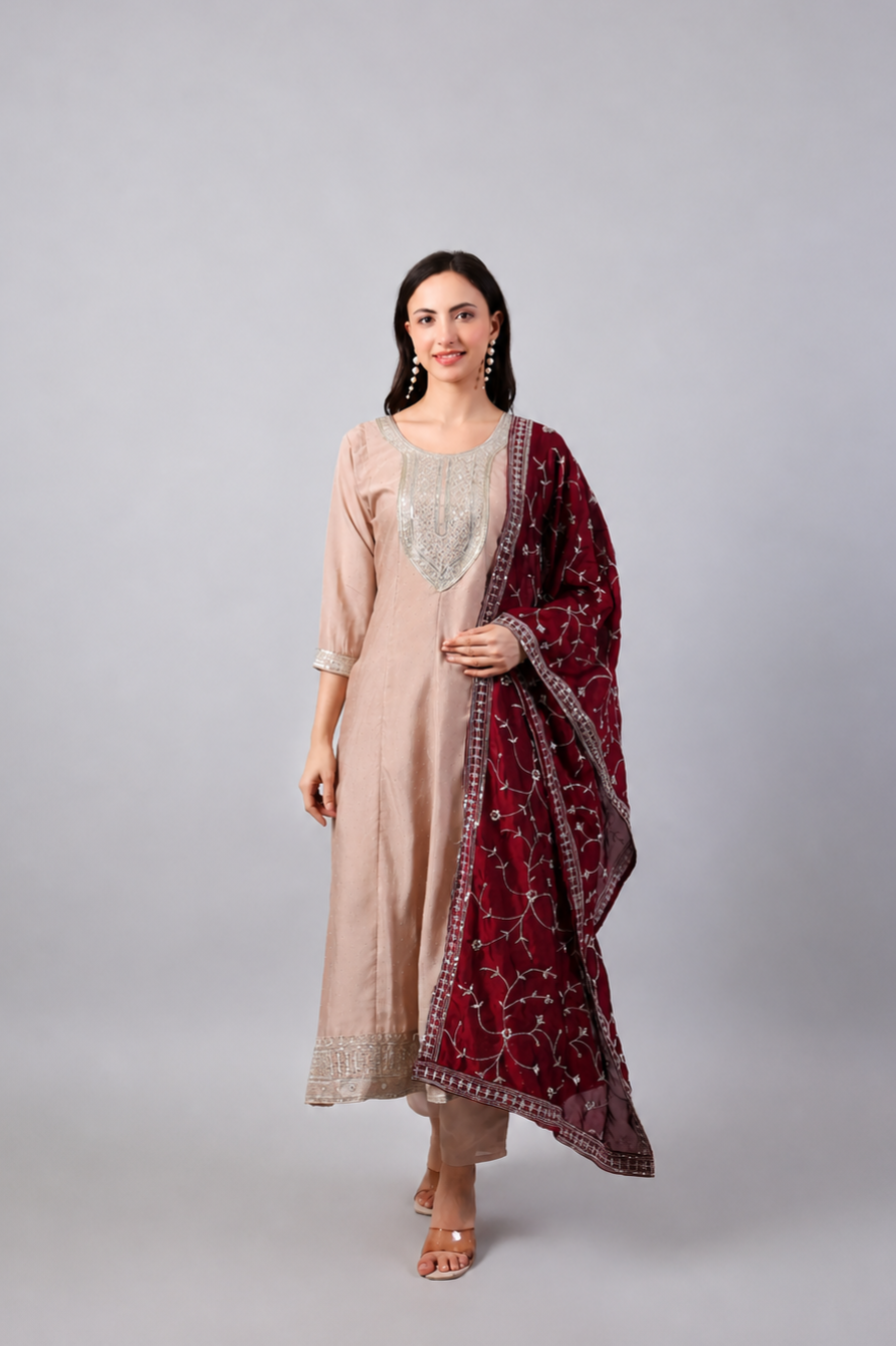 Beige Anarkali with Maroon Dupatta