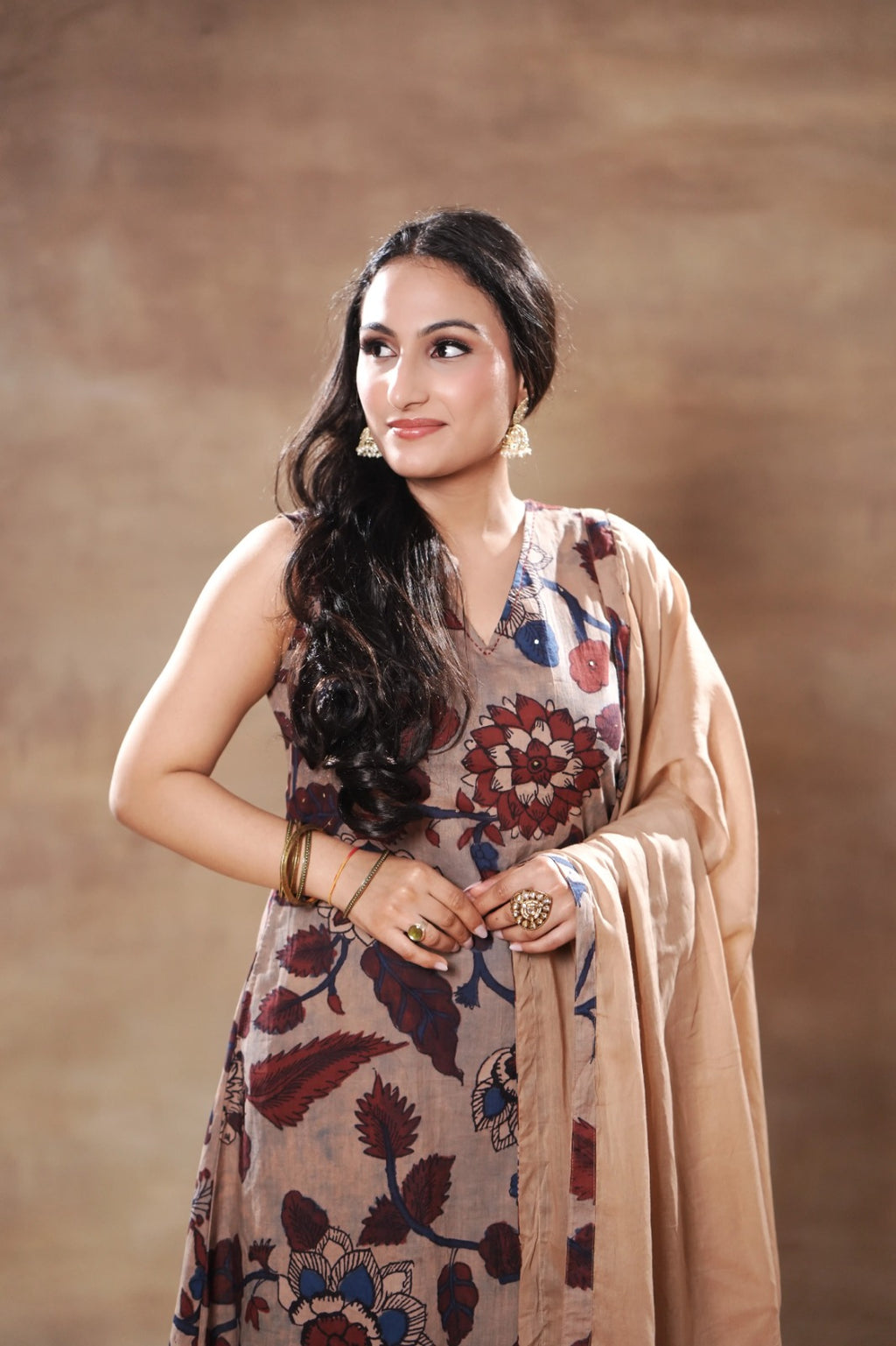 Biege Brown and Blue Cotton Kurta set Cotton