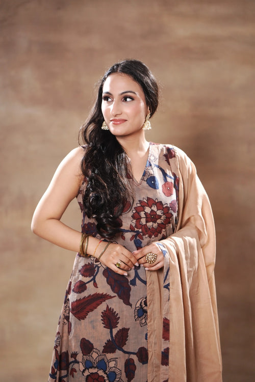 Biege Brown and Blue Cotton Kurta set Cotton