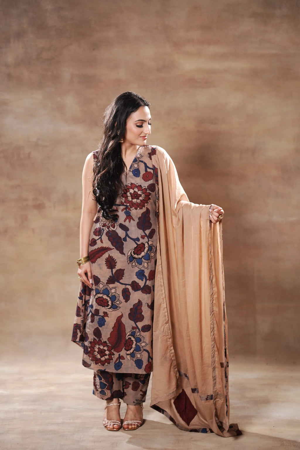 Biege Brown and Blue Cotton Kurta set Cotton