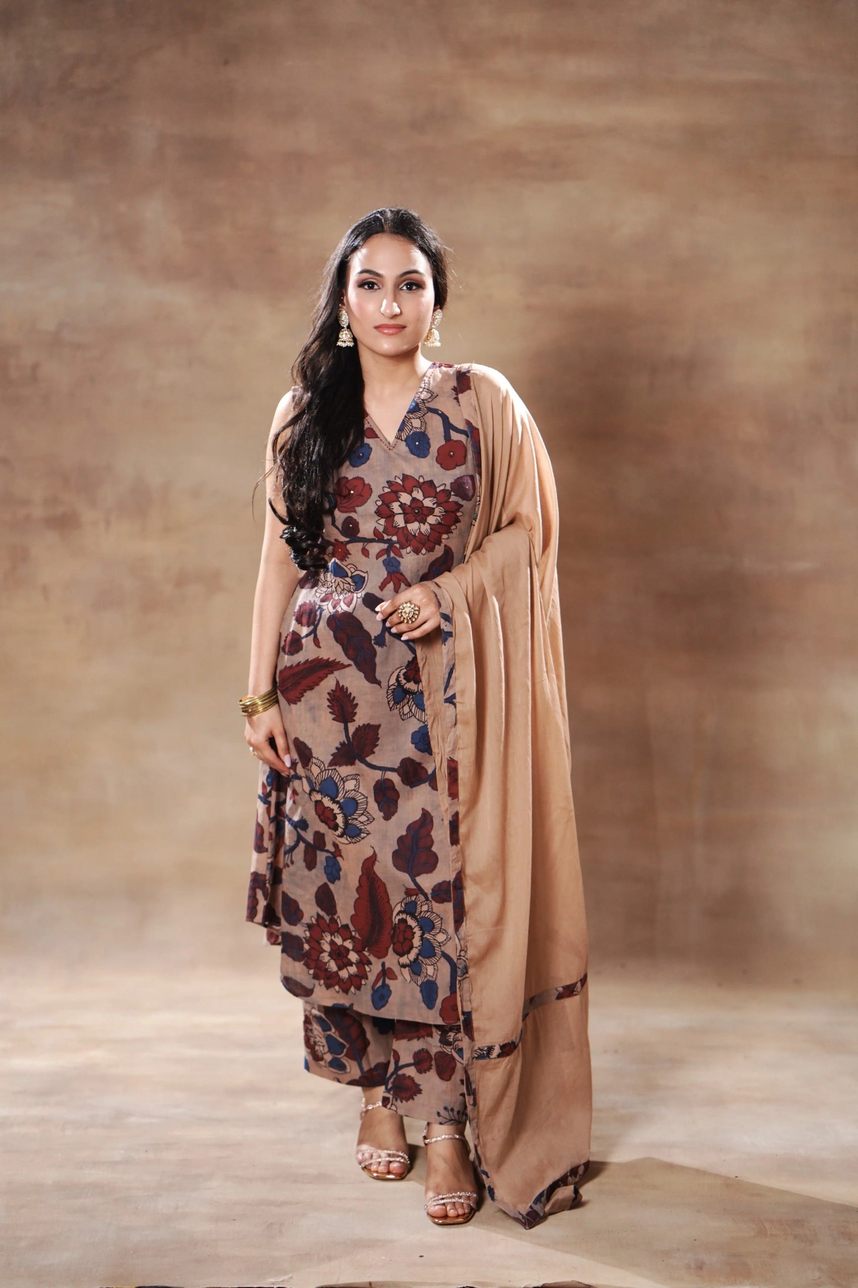 Biege Brown and Blue Cotton Kurta set Cotton
