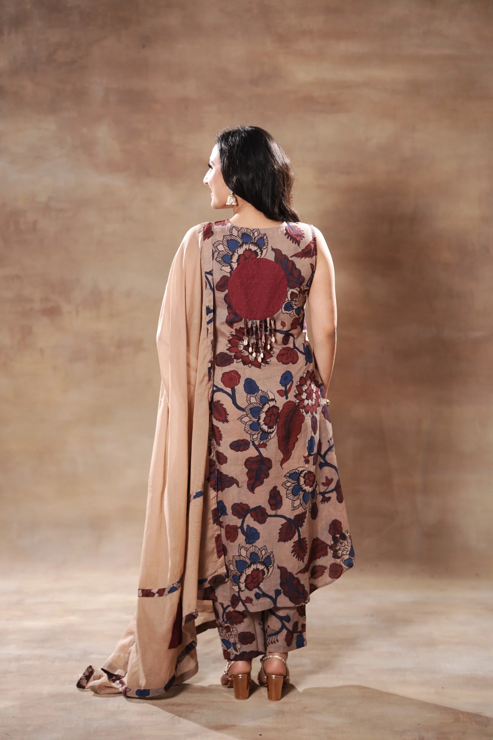 Biege Brown and Blue Cotton Kurta set Cotton
