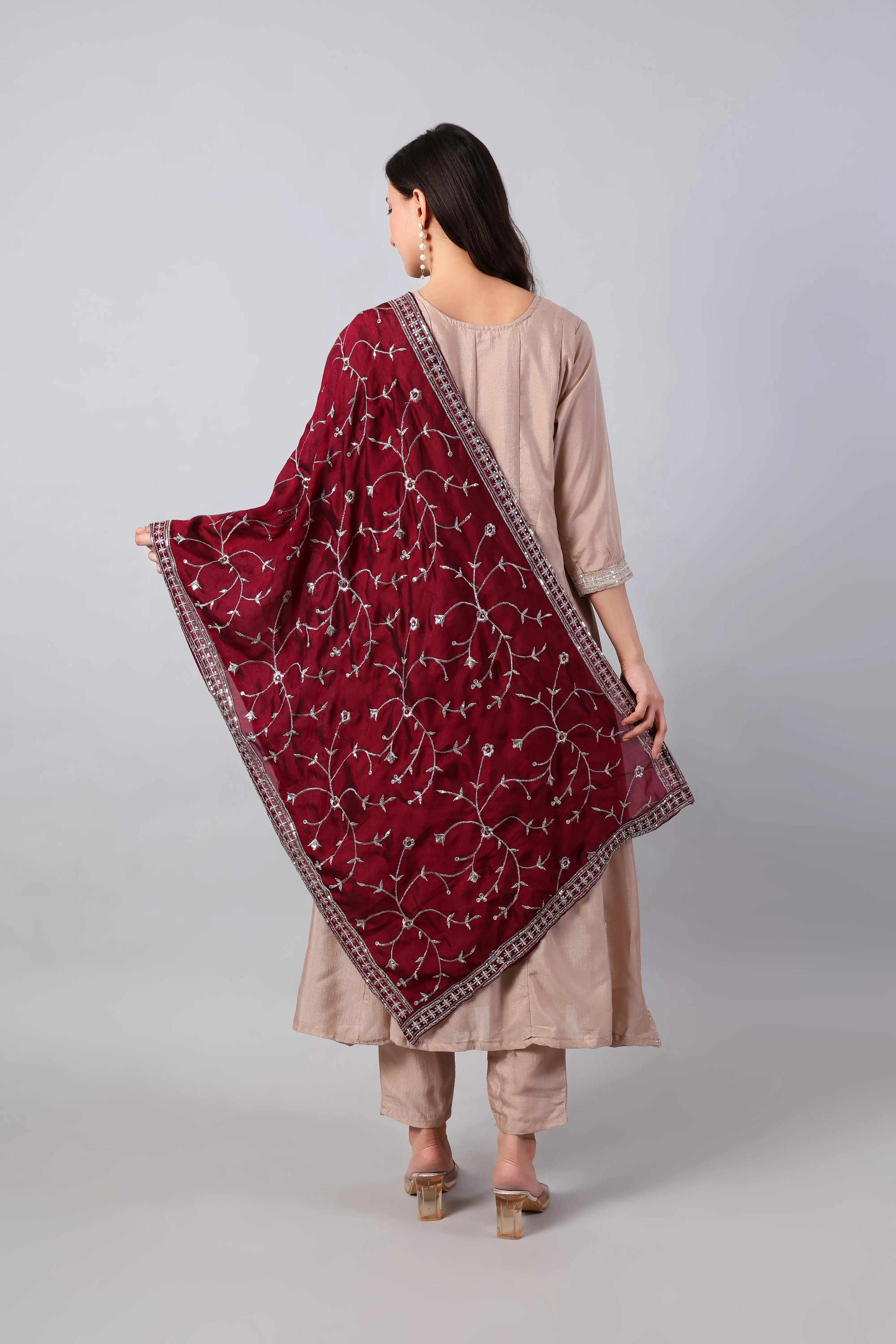 Beige Anarkali with Maroon Dupatta