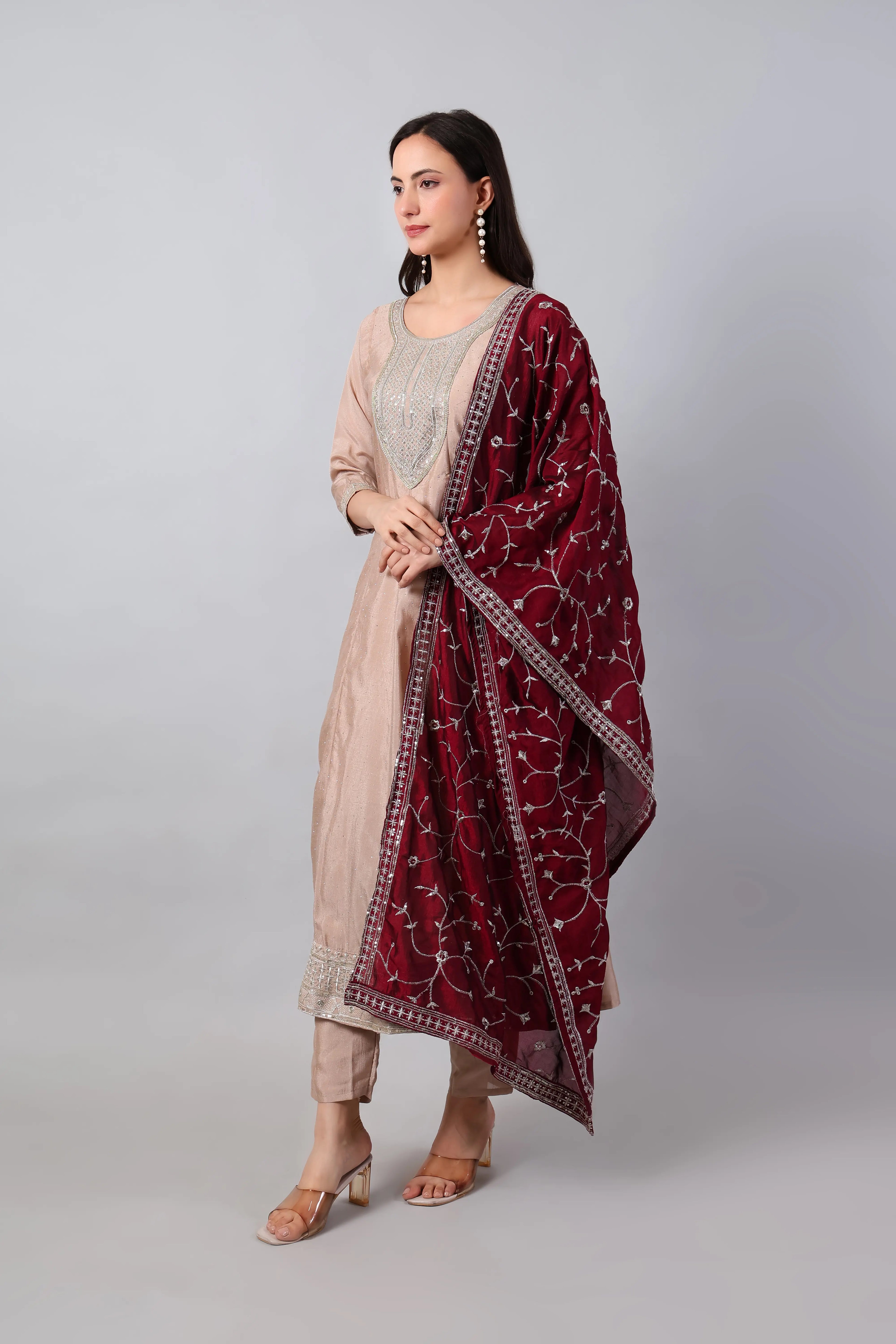 Beige Anarkali with Maroon Dupatta